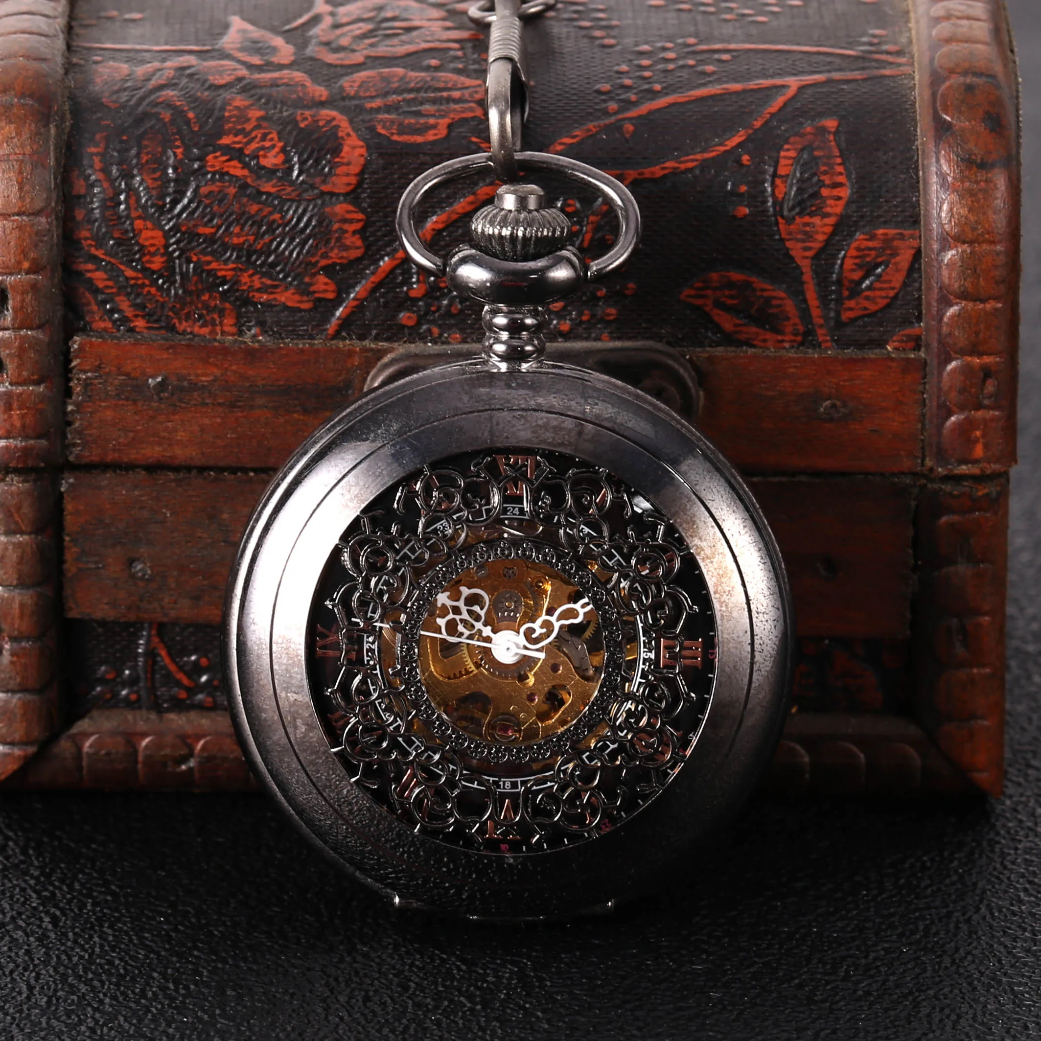 Black openwork carved Roman scale black face large mechanical pocket watch Value exquisite flip pocket watch