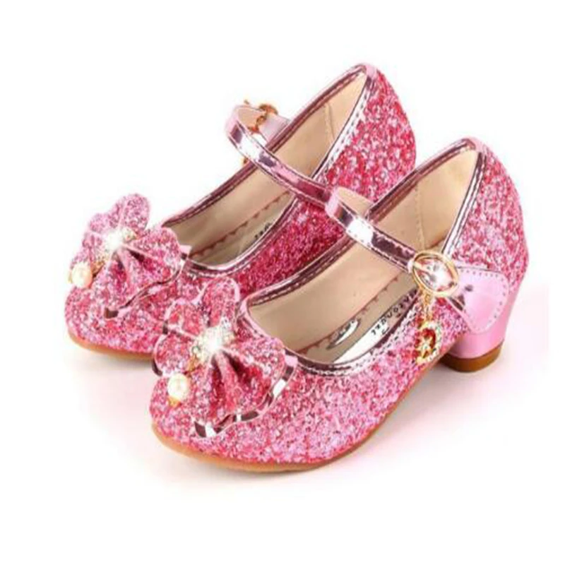 2022 Princess Kids Leather Shoes For Girls Flower Casual Glitter Children High Heel Girls Shoes Butterfly Knot Blue Pink Silver