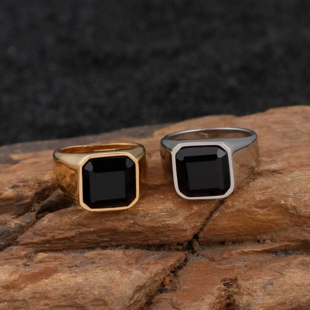 Fongten Curb Square Black Stone Ring Gold Silver Color Stainless Steel Big Punk Polished Finger Rings Couple Lover Wedding Rings