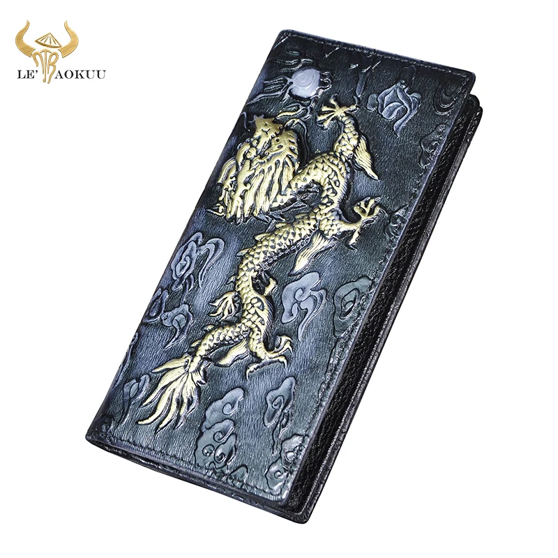 Luxury Top Quality leather handmade Dragon Emboss Unisex long design Cool Gift Organizer wallet fashion Purse Card Holder 1014