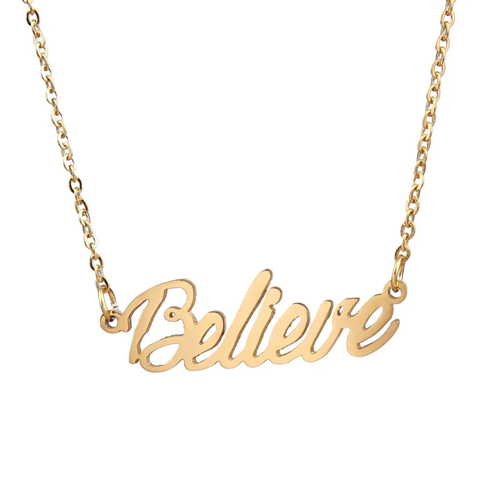 Believe Name Necklace for Women Personalized Stainless Steel Jewelry Nameplate Pendant Femme Mothers Friends Gift