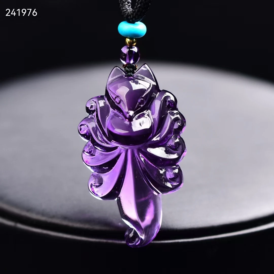 Natural Purple Amethyst Quartz 9 Tails Fox Pendant 38.8*23*12mm Women Amethyst Fox Necklace Jewelry AAAAA