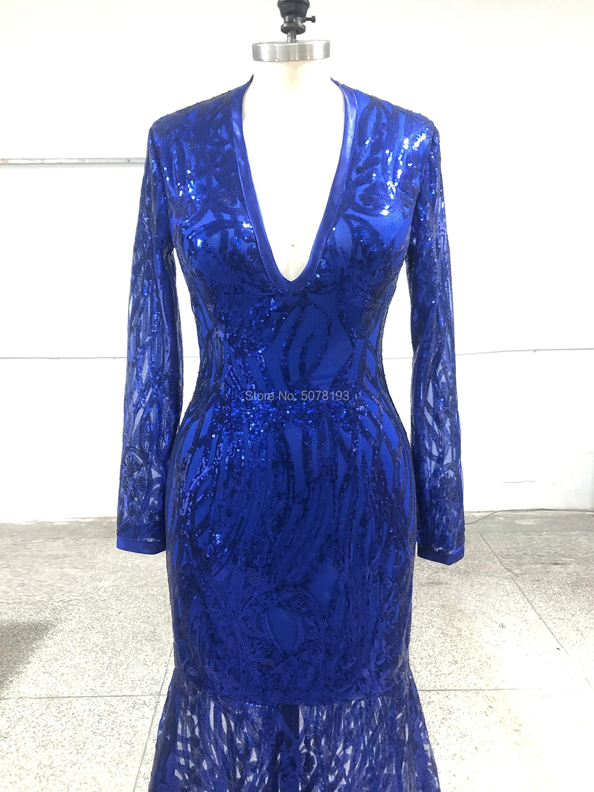 Robe de soirée élégante, col en v, manches longues, fermeture éclair, sirène/trompette, paillettes, bleu Royal, à la mode, livraison gratuite, N215