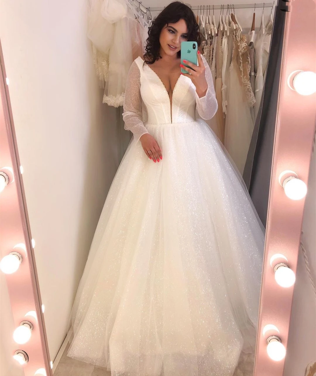 Shiny Deep V-Neck Wedding Dress 2021 Beading Design Pearls Tulle A-Line For Women Robe De Mariee Custom Made Lace Up