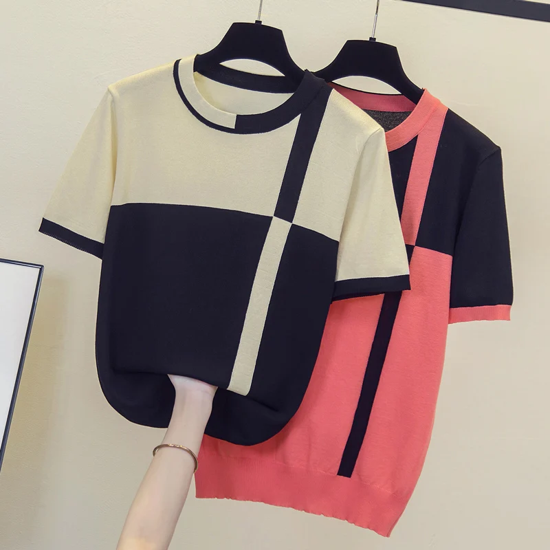 women Patchwork thin sweater pullover 2023 Summer short sleeve o neck loose casual Oversized pull female