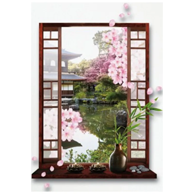 Occident Style Fake Window Mural Garden Landscape 3D Wall Art Vinyl Stickers for Home Decoration Sakura Scenery Poster Wallpaper