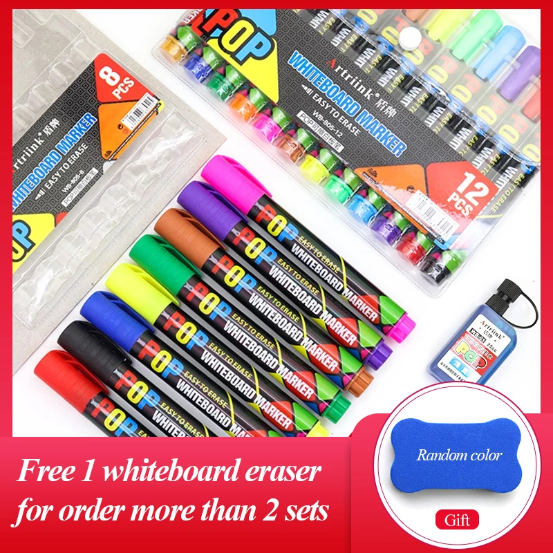Artriink Erasable Whiteboard Marker 8/12colors Refill Ink Office School Home Student Children\'s Drawing White Board Pen