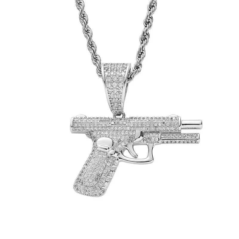 Hip Hop Rock Rhinestone Inlaid Gun Pendant Necklace Rapper Necklace Rope Chain Jewelry