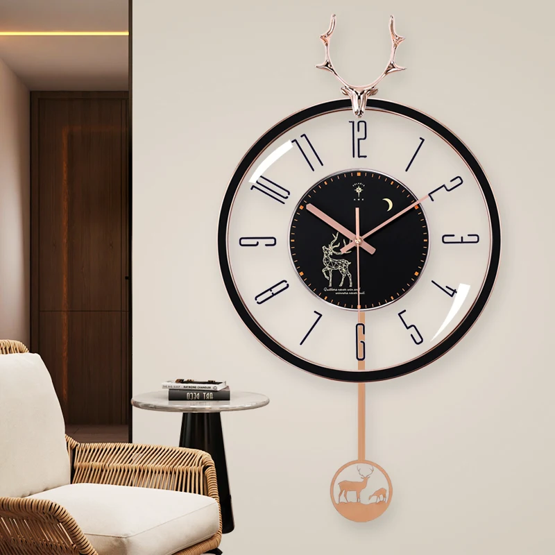 

Nordic Simple Design Style Wall Clock Luxurious Deer Head Clocks with Pendulum Fashion Personality Creative Silent Transparent B