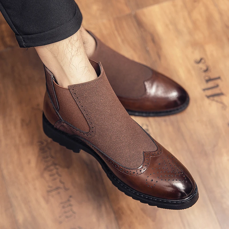 Men Casual Boots Retro Stitching Leather Oxford Brogue Shoes Breathable Autumn Winter Classic Mens Boots Slip On Footwear