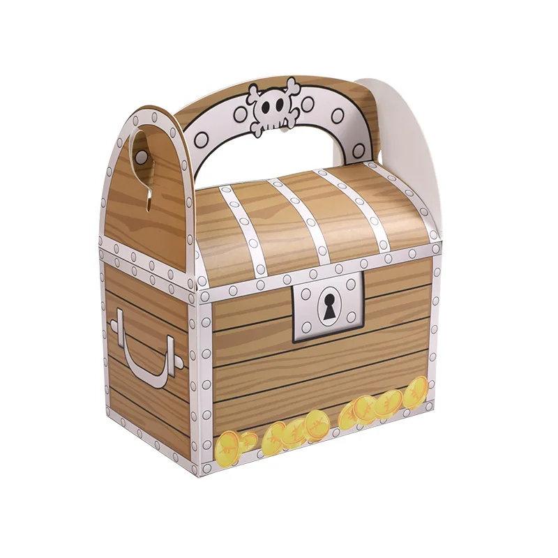 Portable Treasure Shape Gift Box Pirate Party Favor Decor Paper Boxes Gold Coin Wood Grain Folding Cookie Candy Packaging Carton