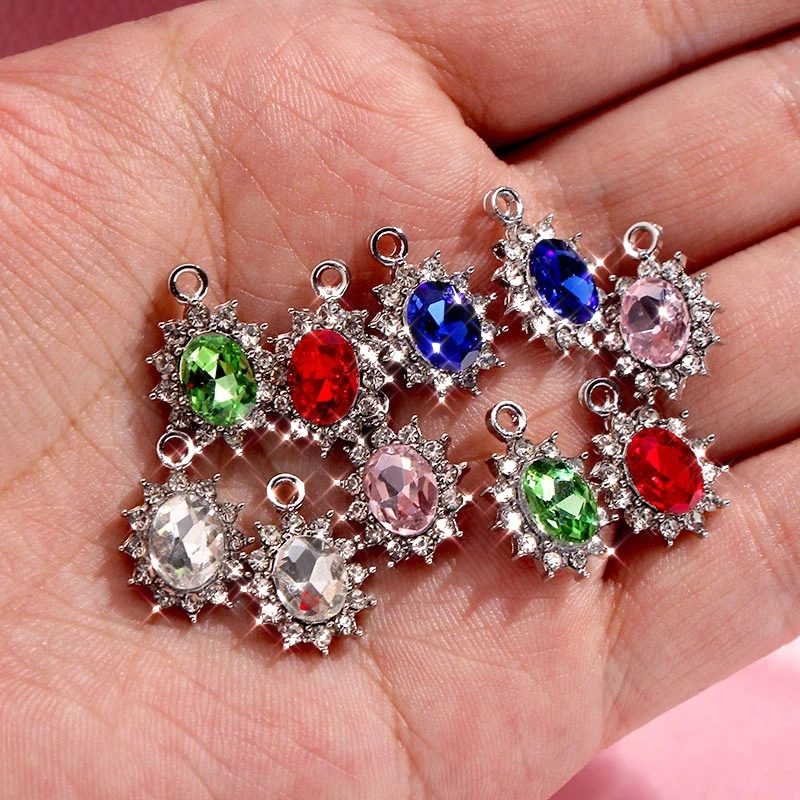 10Pcs 17*12mm Colorful Crystal Oval Egg Shape Charms Row Rhinestone Surrounded Geometry Charm For DIY Earring Making Accessories