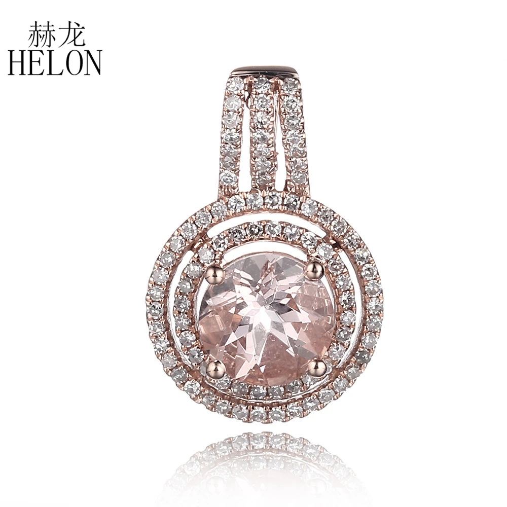 

HELON Real 14K Rose Gold Flawless Round 7mm Natural Morganite Diamonds Engagement Wedding Pendant Women Jewelry Gemstone Pendant