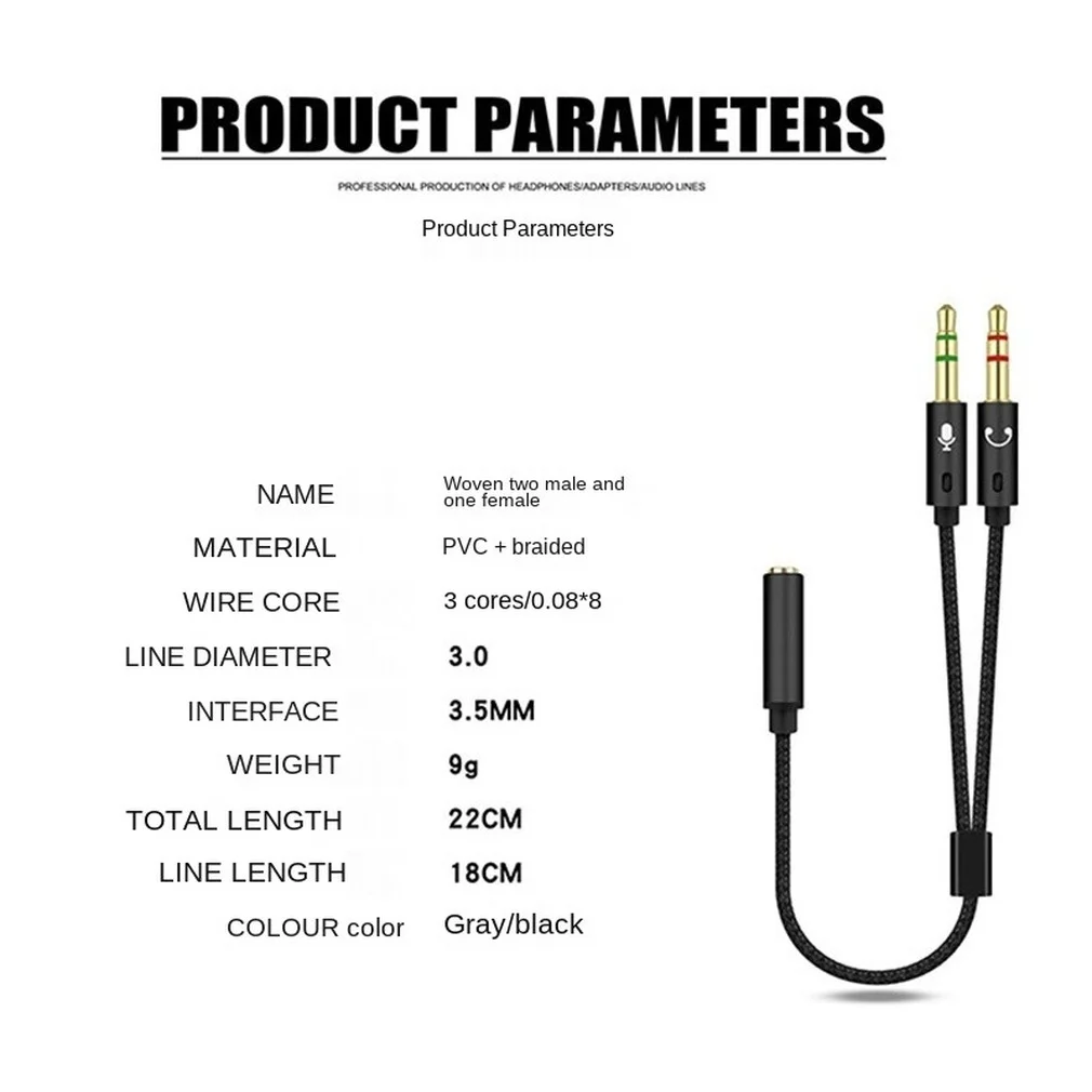 Headphone Splitter Cable for Computer 3.5mm Female to 2 Male 3.5 Jack Mic Audio Y Splitter Microphone Adapter Aux Cable