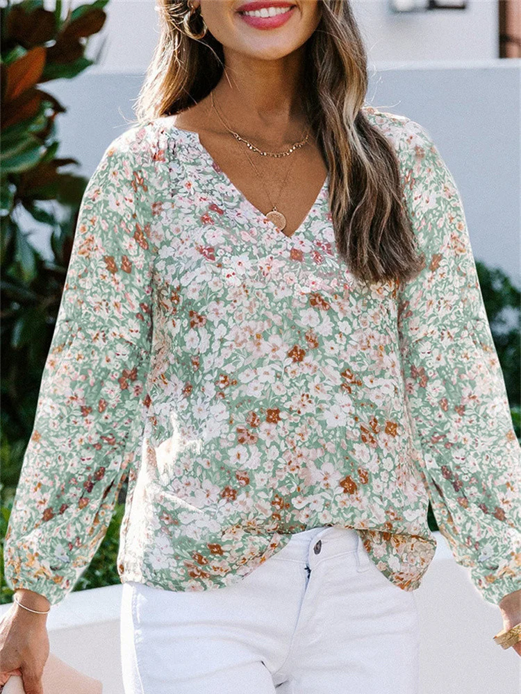 Blusa de manga larga con cuello en V para primavera y otoño, camisa de gasa con estampado Floral, holgada e informal, 2021