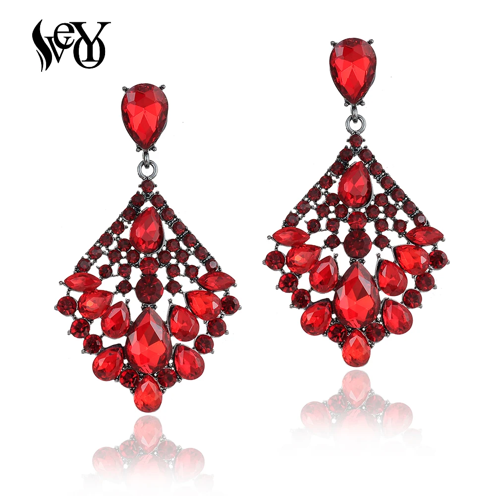 VEYO Luxury Rhinestone Crystal Drop Earrings Red Color Bridal Big Dangle Earrings For Women Gift