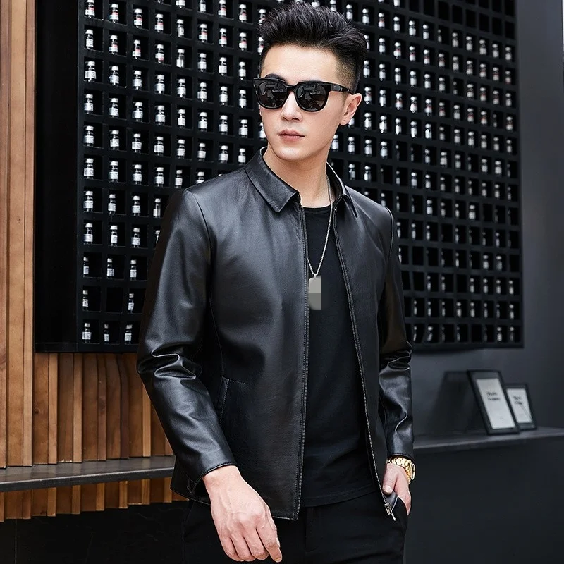 Casual Business Genuine Leather Jacket Men Cowhide Turn-down Collar Short Coat Male Luxury Black Motorcycle Jacket Plus Size 4XL