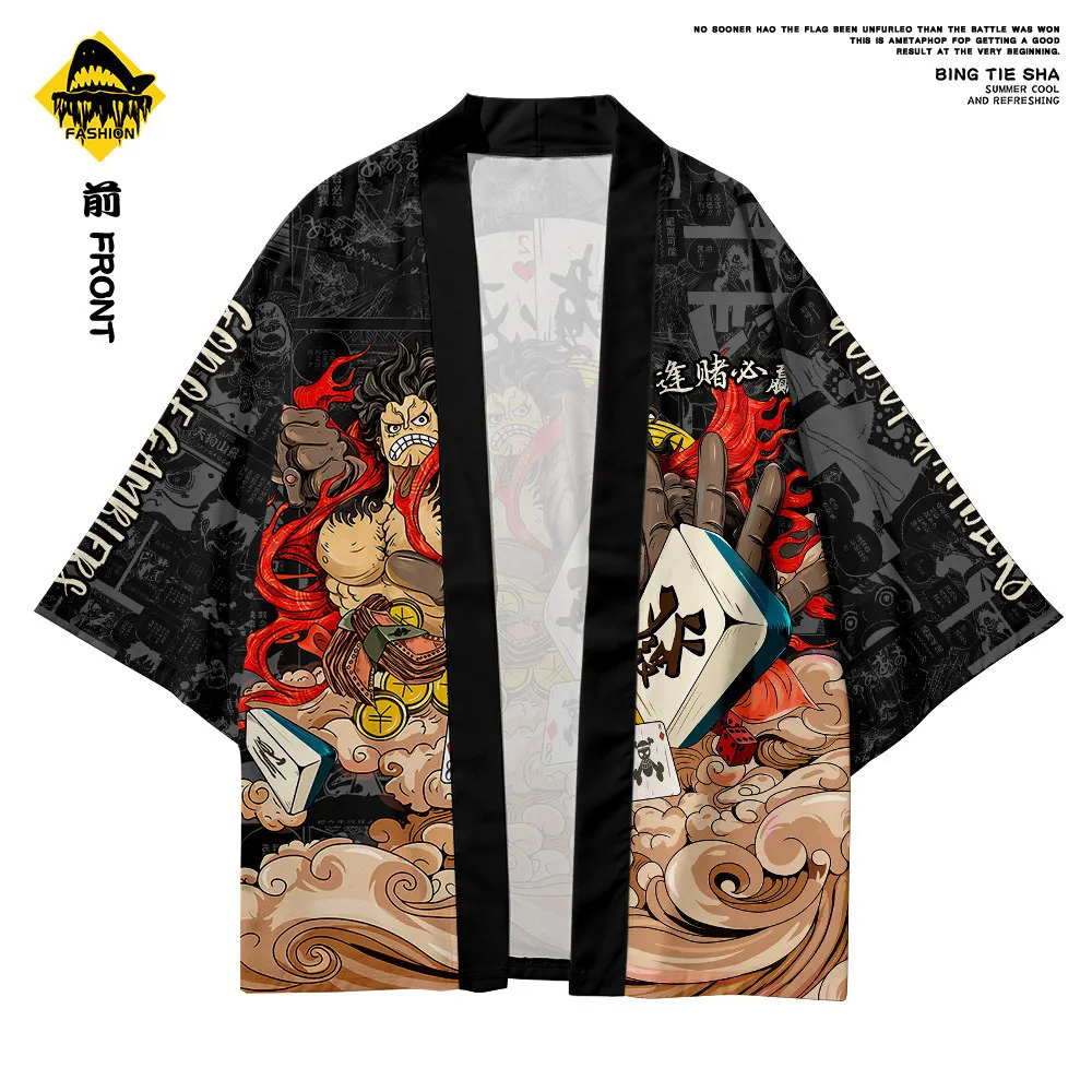 Summer Japanese Black Print Kimono Men Jacke Top Blouse Loose Kimono Casual Fashion Coat And Pant Oversize 6XL