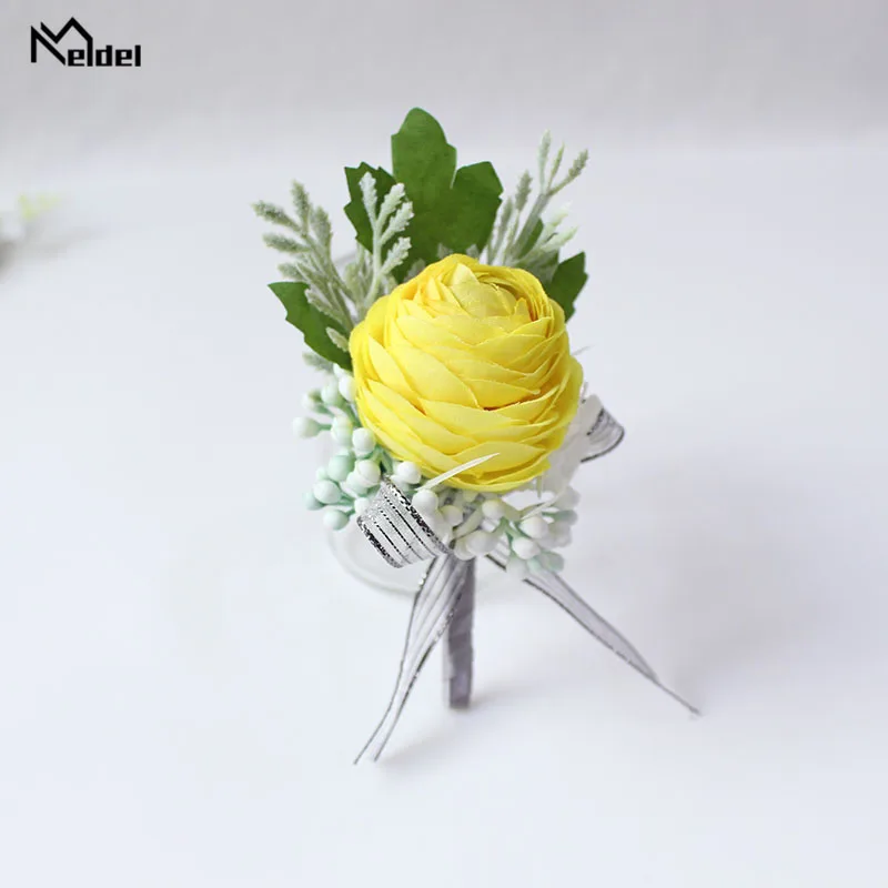 Meldel Boutonniere 신랑 Corsage 신부 손목 Corsage 팔찌 노란색 인공 실크 은방울꽃, 웨딩 용품