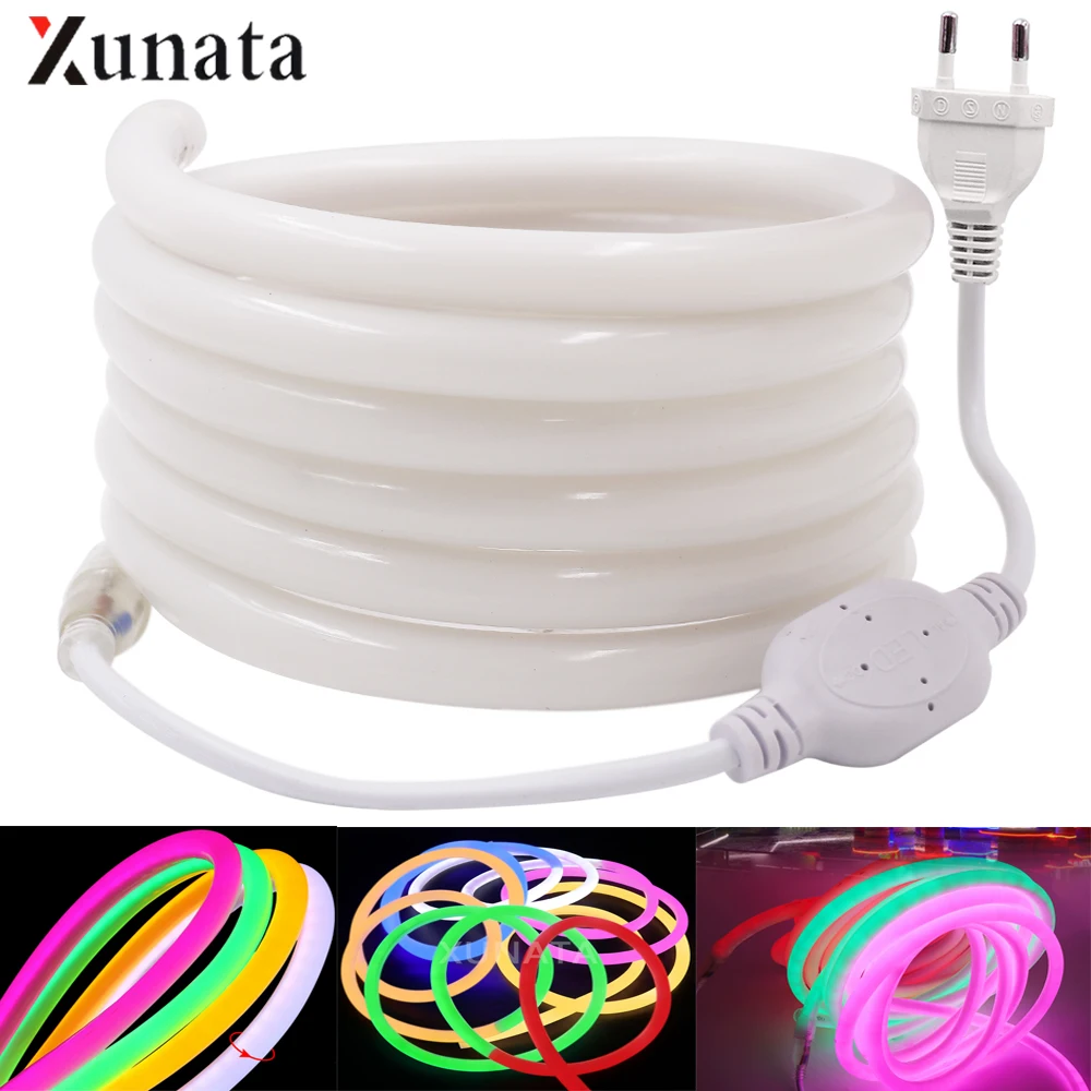 Taśma LED 220V 230V 240V Elastyczna okrągła rurka Neonowa taśma LED SMD2835 120LEDs/M 14MM Wodoodporna lina LED Neon Sign Rope EU Plug