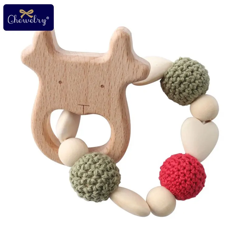 1pc Wooden Teether Aniaml Sika Deer DIY Crafts Baby Bracelet Rattles Beech Wood Rodent Crochet Beads Gifts For Kids Products Toy