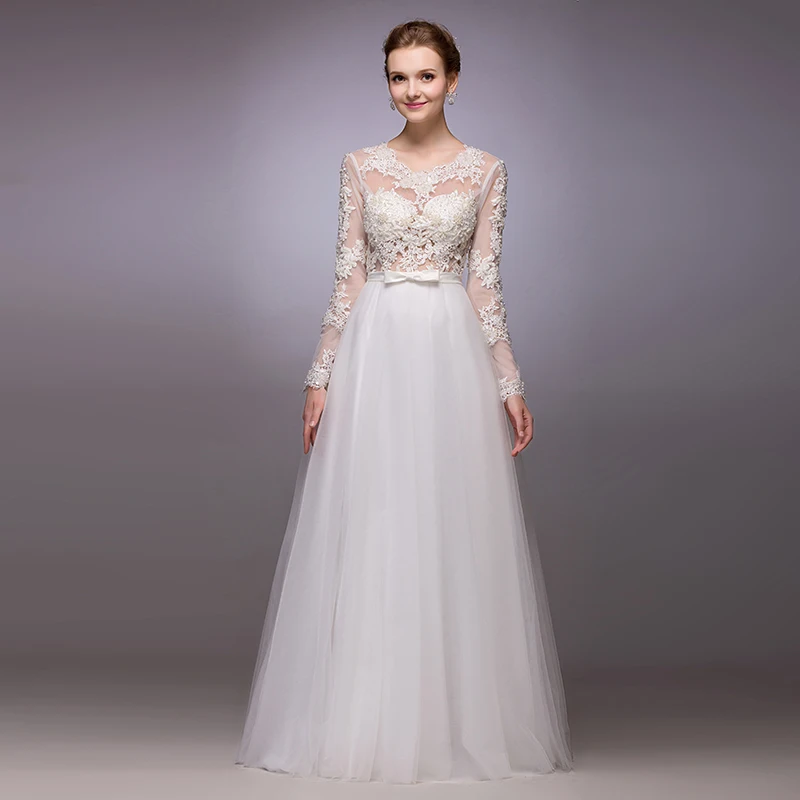 2020 New Arrival Lace Appliques ยาว A-Line เสื้อโบว์ประดับด้วยลูกปัด Brides ดูผ่าน Mariage Champetre Bespoke ชุดแต่งงาน