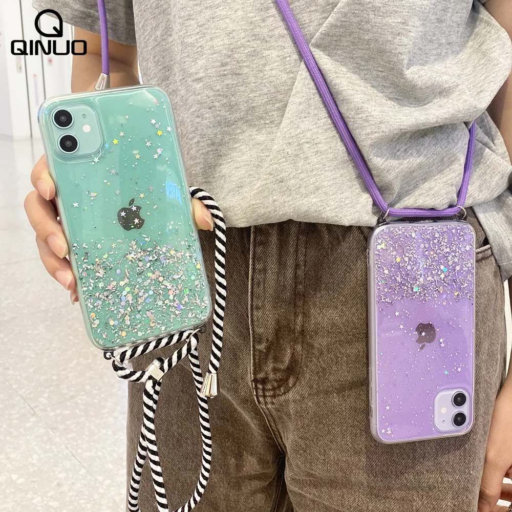 بلينغ بريق حزام الحبل سلسلة جراب هاتف آيفون 13 12 Mini 11 Pro XS Max XR X 6 7 8 Plus 5 S SE 2020 قلادة غطاء الحبل