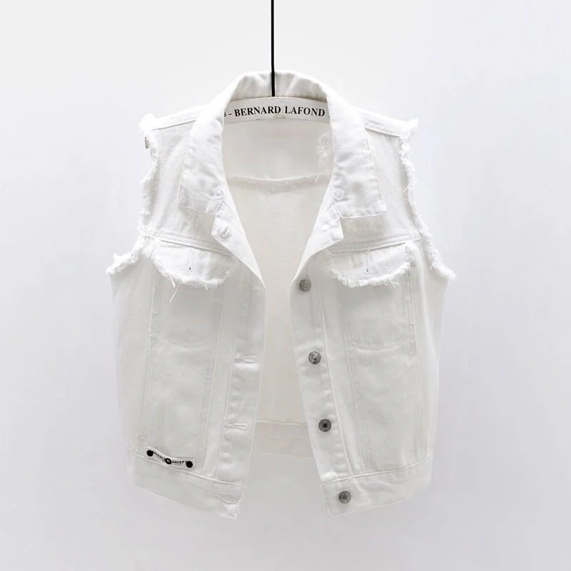 2021 New Spring Autumn Women Fashion Hooded Denim Jacket Waistcoat White Black Vest Female Short Gilet Sleeveless Jeans Coat