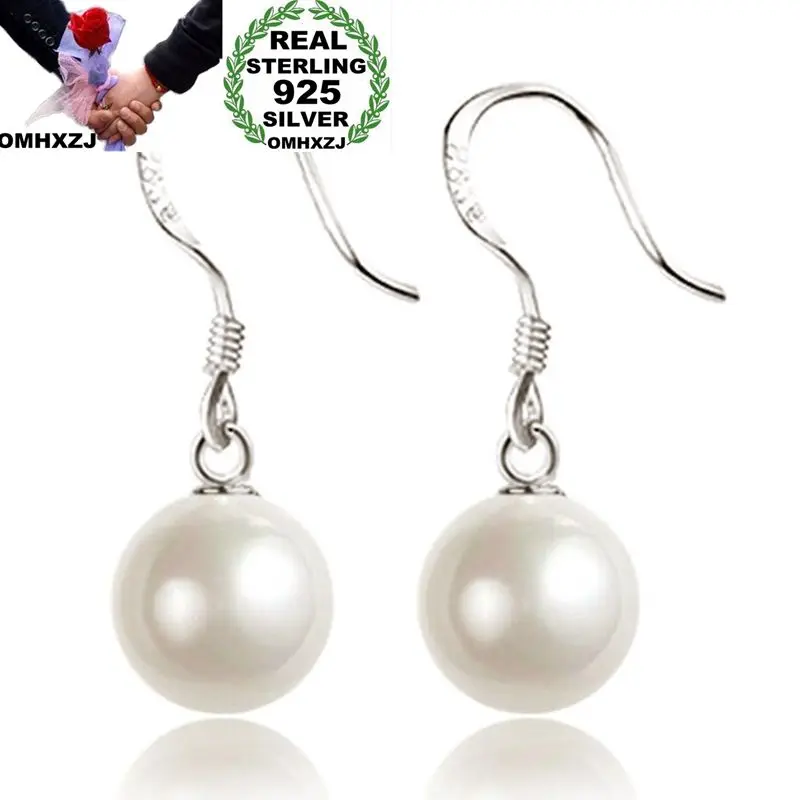 OMHXZJ Wholesale European Fashion Woman Girl Party Wedding Gift White Round Pearl 925 Sterling Silver Drop Earrings EA304