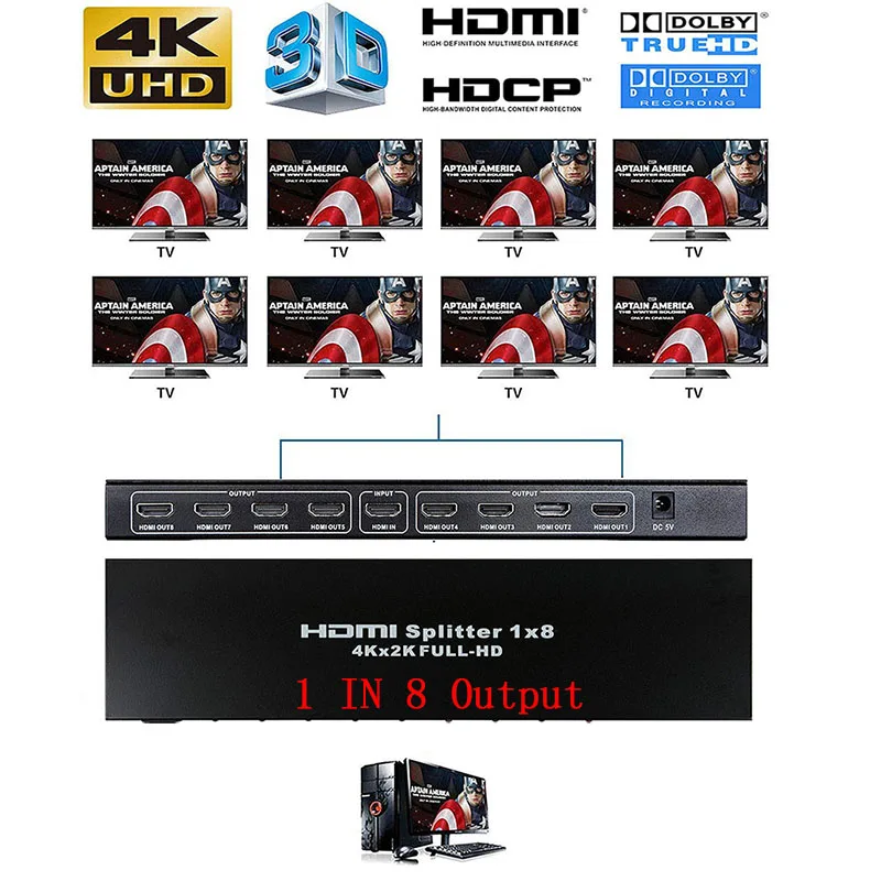 

4K 30hz 1x8 HDMI Splitter 1 IN 8 Output HDMI Splitter HDMI 2.0 Video Converter for PS4 PC DVD To TV MONITORS