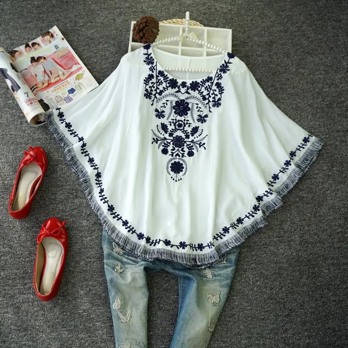 Vintage Women Blouse Shirts Summer Embroidery Casual White Tops Blouses ethnic Female 2021 Batwing Tassel Boho Blusa Loose