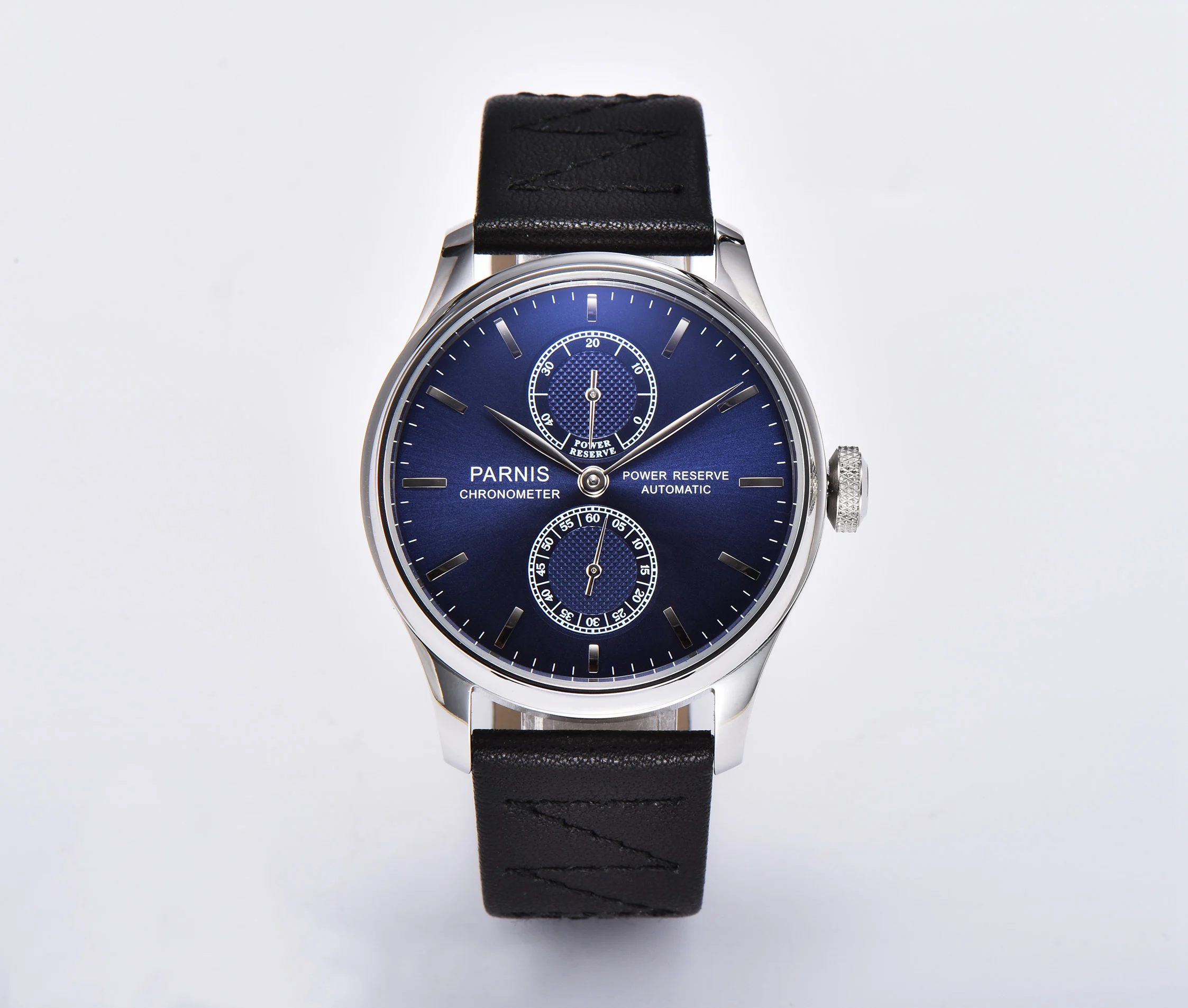 Parnis 43mm Stainless case Blue Dial Automatic Mechanical Mens Watch Luxury Brand Fashion Power Reserve Waterproof Wristwatch