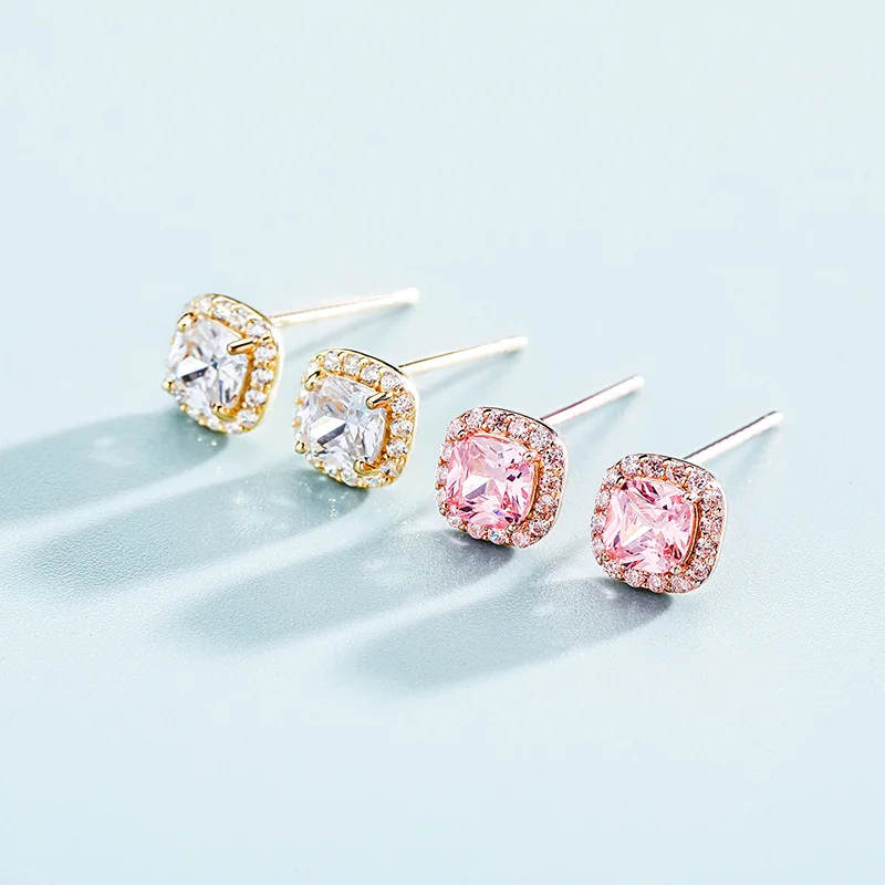 1Pair S925 Sterling Silver Pink Zircon Set Bling Ice Out Lovely Stud Earrings for Women Ladies Hip Hop Rapper Jewelry Gift