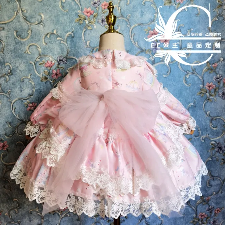 Baby girl spring autumn pink Spanish  ball gown dress kids lace stitching long sleeve birthday party princess dress