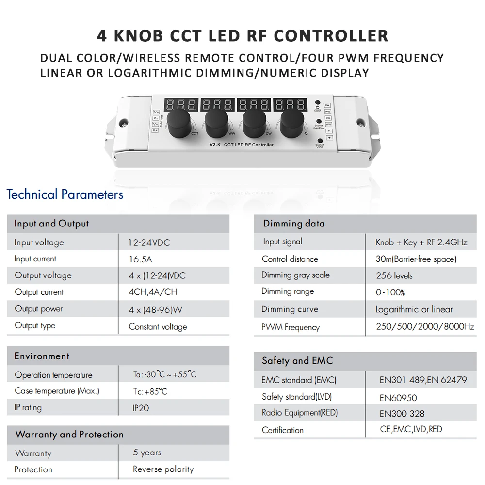 LED CCT Controller 12V DC 24V 4CH 16A PWM 2.4G RF Wireless Remote Knob Control for WW CW Dual Color LED Strip Light Dimmer V2-K