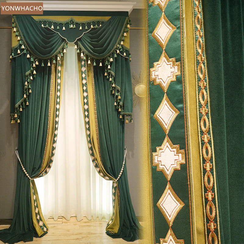 Custom curtains Dark green velvet embroidery living room high-class villa noble cloth blackout curtain valance tulle panel C075