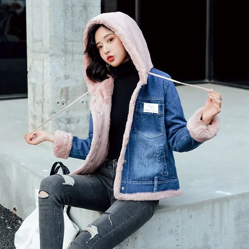 Women Winter Thick Warm Fur Lining Short Denim Jacket Hoody Slim Fit Jeans Coat Female Casual Overcoat Streetwear Parkas Jacket