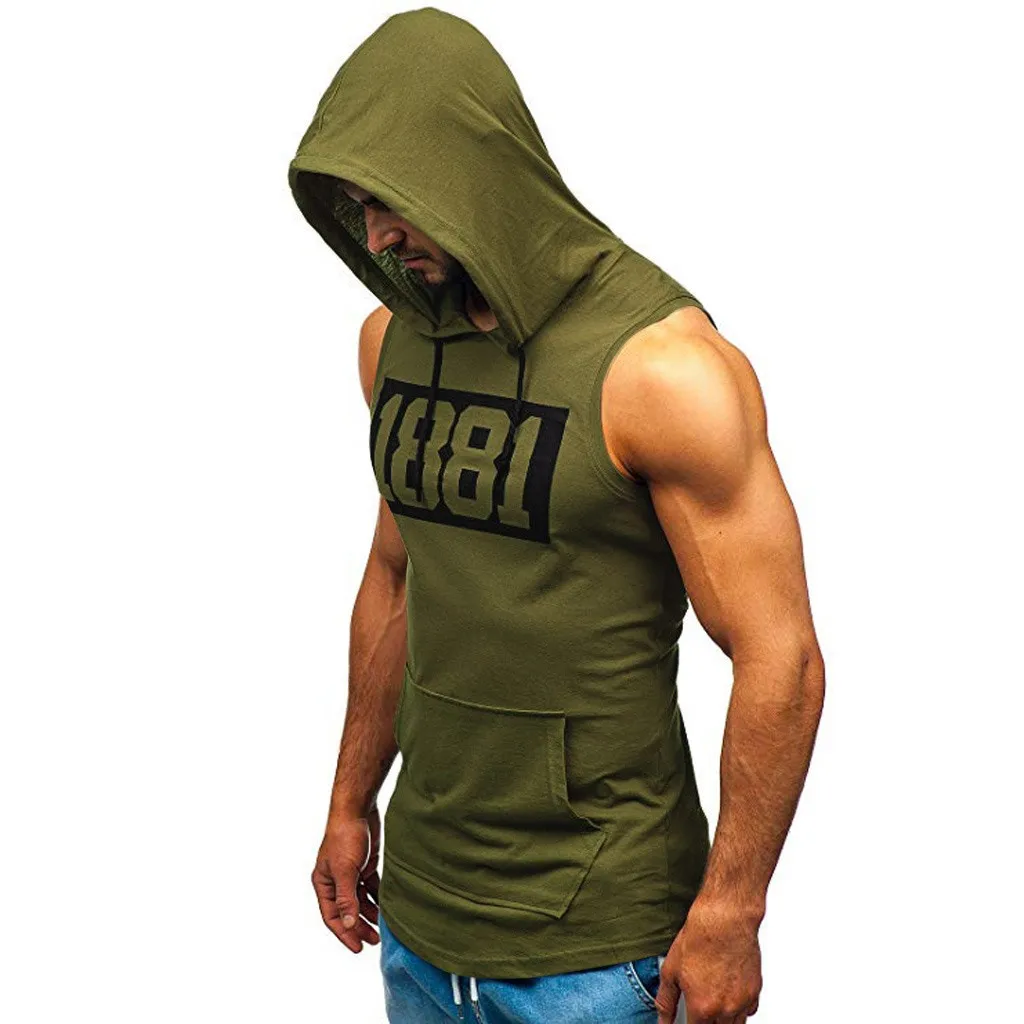 Sports Tank Tops Men Fitness Muscle Print Sleeveless Hooded Bodybuilding Pocket Tight-drying Tops Summer Shirt For Men Clothing