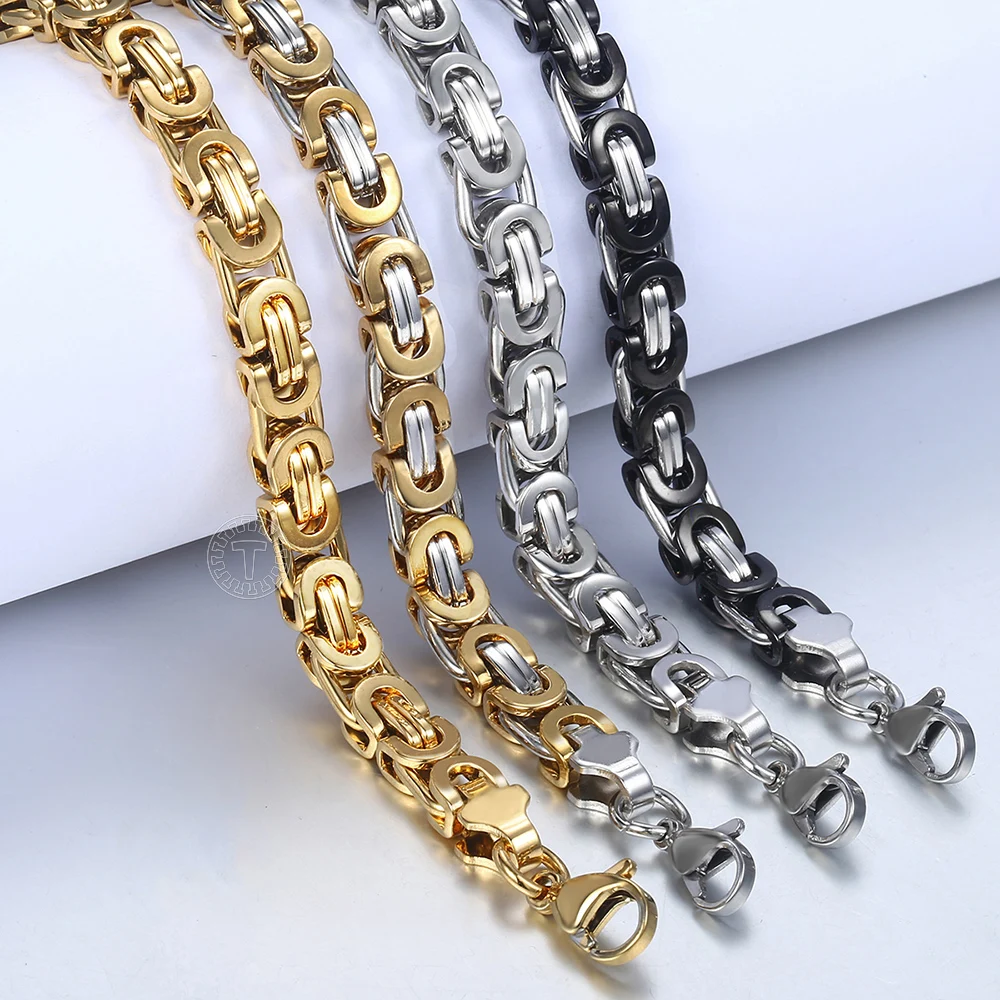 7/9/11mm Men\'s Bracelet Stainless Steel Byzantine Link Chain Gold Color Black Bracelets Male Jewelry 7-11\