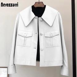 Nerazzurri Spring short light white Pu leather jacket  women peter pan collar long sleeve Faux leather jackets for women 2023