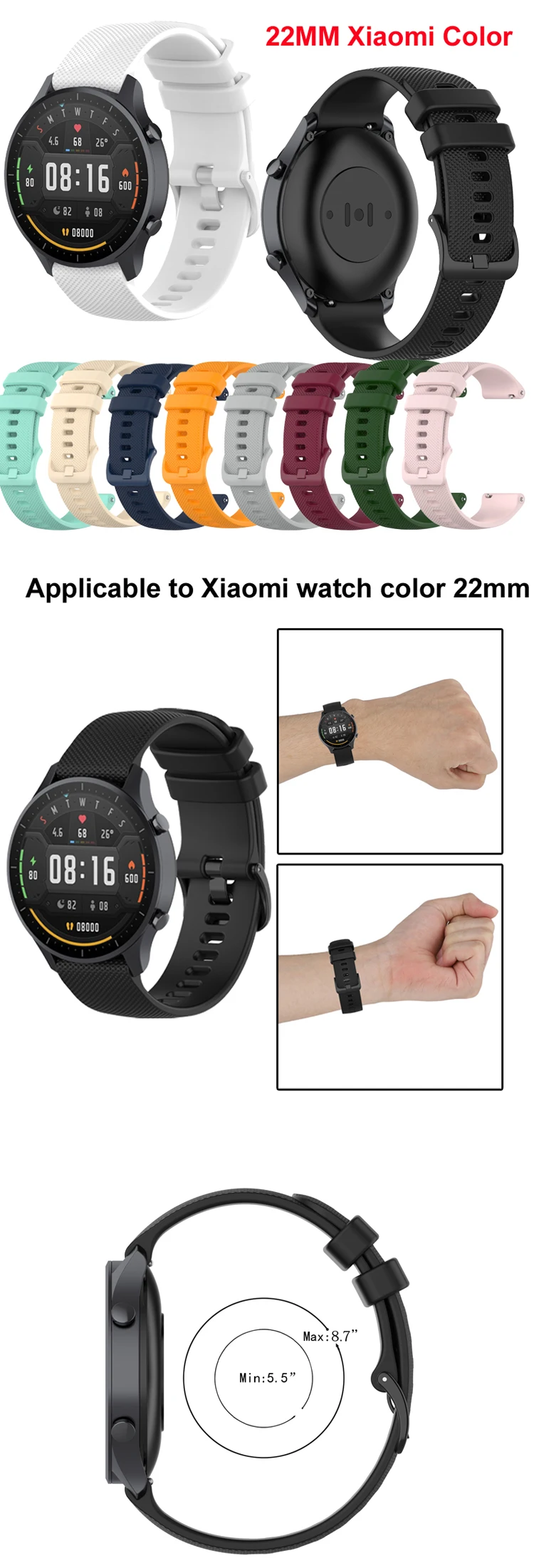 22mm Silicone Band Strap for Xiaomi Mi Watch Color Replacement Bracelet Breathable Sports Bands For Watch Accessories