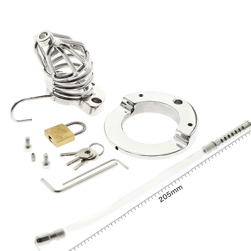 Stainless Steel Chastity Cage Ball Stretcher with Urethral Catheter Cock Cage Cock Lock Ring Chastity Belt BDSM Sex Toys for Men