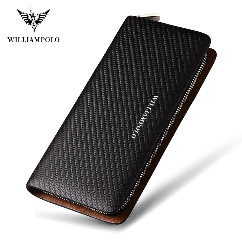 WILLIAMPOLO  Original Brand 100% Leather Wallet Men Famous Long Knitting Pattern Wallet Men Luxury Brand Wallets #118