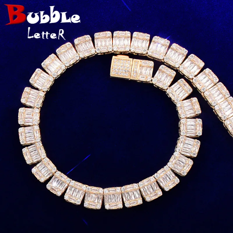 9MM Baguette Zircon Bracelet Chain Men's Trendy Cool Hip Hop Link Gold Color Plated Copper Bling Rock Jewelry