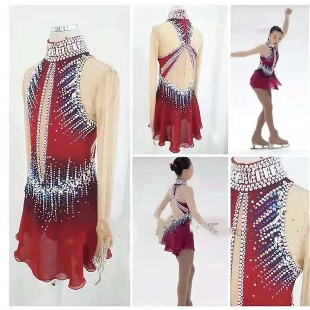 LIUHUO Women\'s Girls\' Costume Performance Rhythmic Gymnastics Ballet Competition Leotard Figure Skating Dress Dance Red Ice Kid