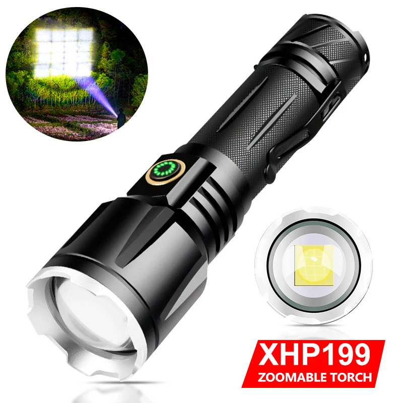 Lampe de poche tactique LED la plus puissante, torche USB Rechargeable, Flash 26650, Zoomable, étanche, 200000lm, XHP199