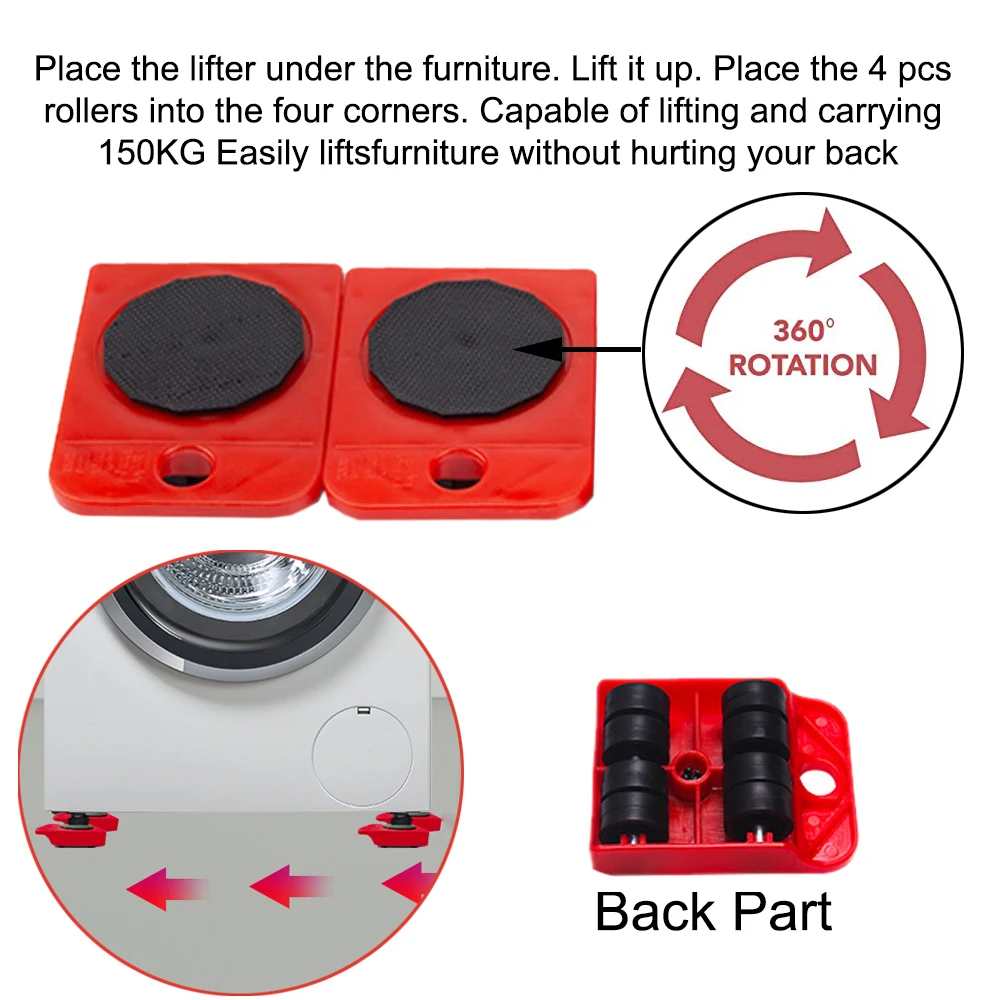 Juego de herramientas para mover muebles, elevador de transporte, cosas pesadas que se mueven 4 rodillos de ruedas con barra de rueda dispositivo