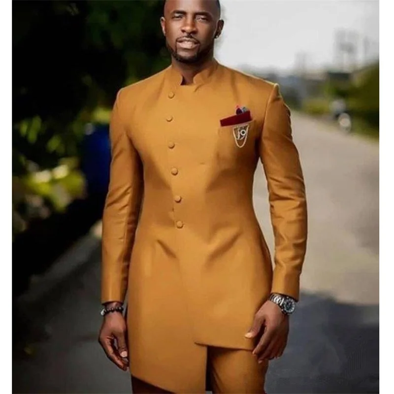 Costume Homme Golden Men Suits Tailor-Made 2 Pieces Front Button Design Formal Wedding Groom Business Causal Prom Tailor Made