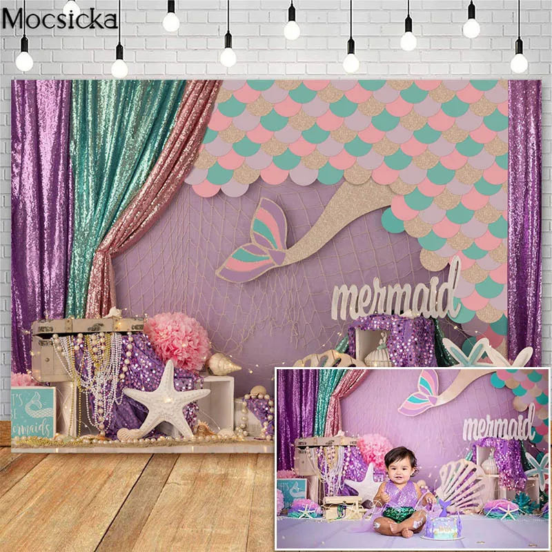 Little Mermaid Cake Smash Photoshoot Backdrop Girl First Birthday Backgrounds for Photography Studio Professional Photo Props