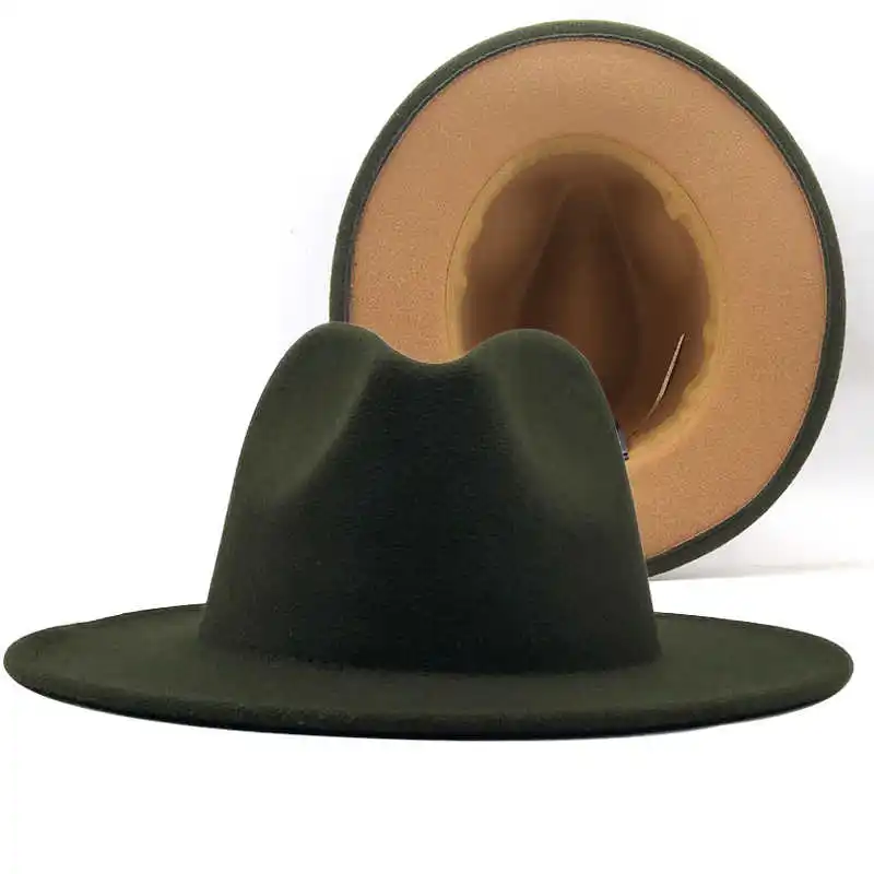 

Army Unisex Outer Green Inner tan Wool Felt Jazz Fedora Hats with Thin Belt Buckle Men Women Wide Brim Panama Trilby Cap L XL